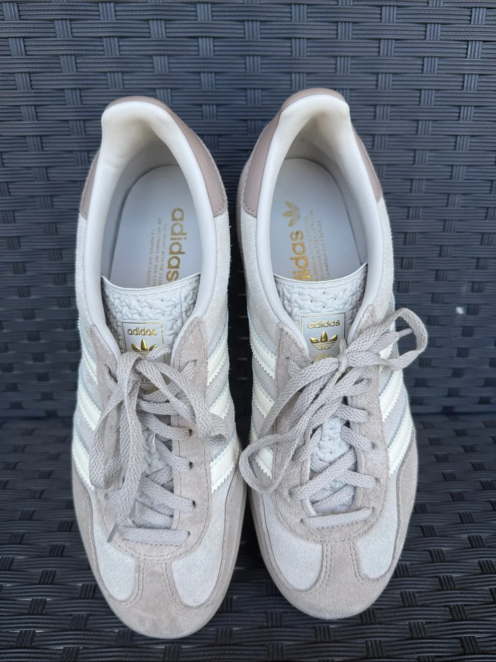 Adidas Gazelle Suede Sneakers in Taupe/Brown, Cream, and Gold